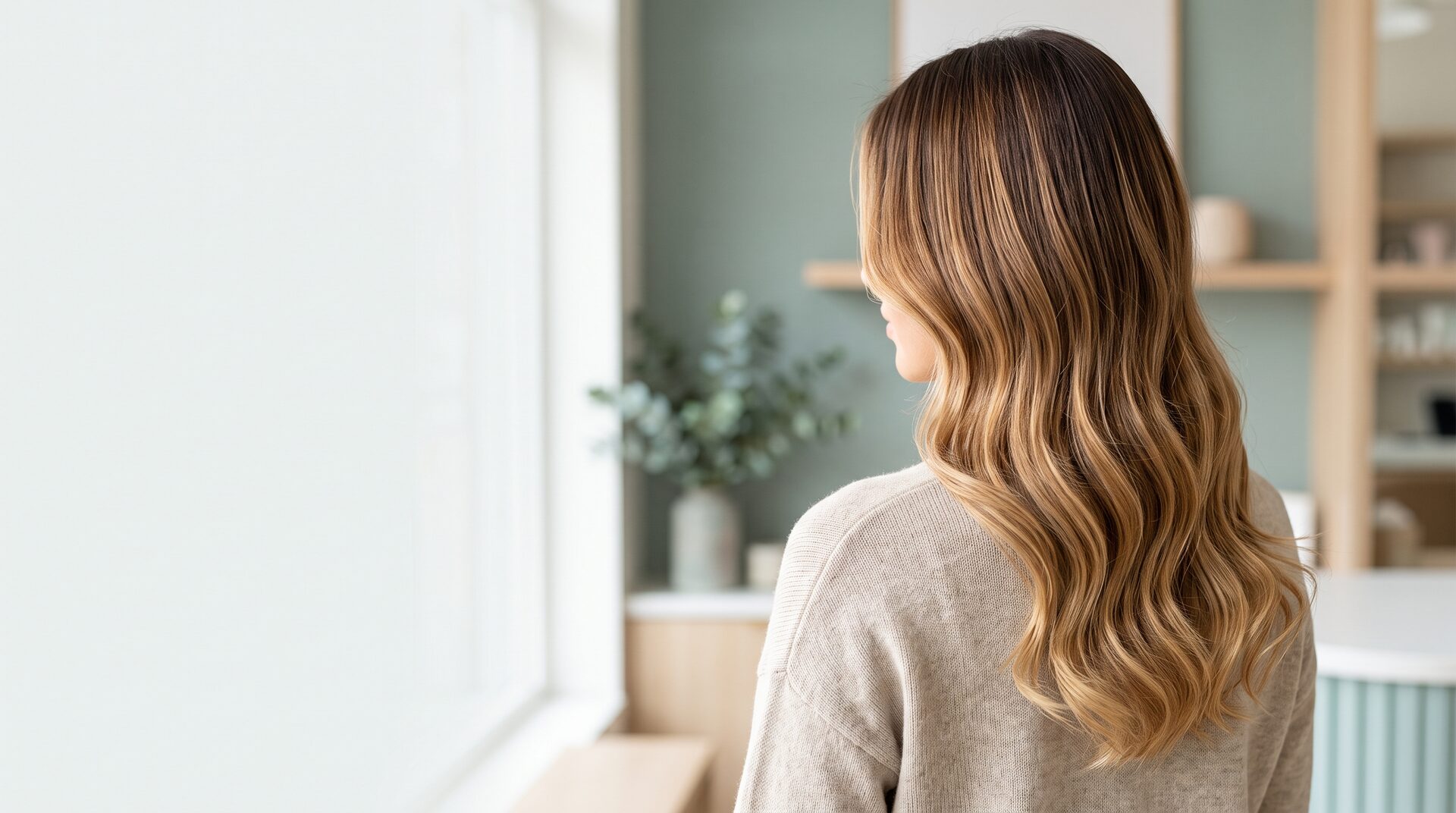 Long caramel balayage with soft waves, styled at N & N Hair Salon in Tsawwassen